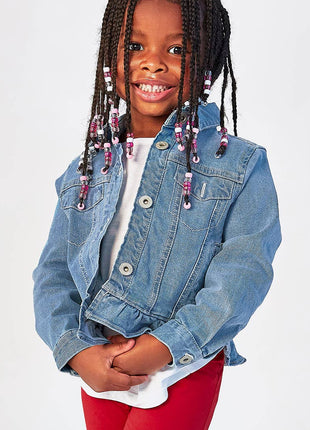 Model Wearing Rufflebutts + Ruggedbutts Girls Light Wash Ruffle Denim Jacket