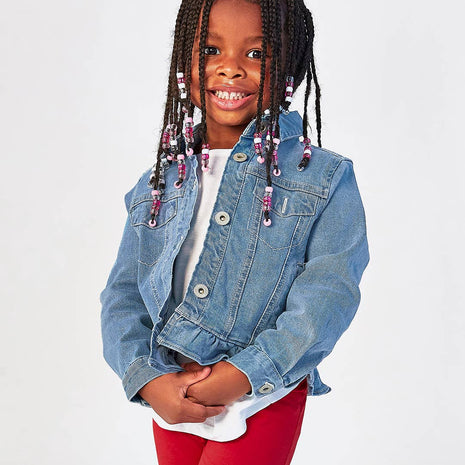 Model Wearing Rufflebutts + Ruggedbutts Girls Light Wash Ruffle Denim Jacket