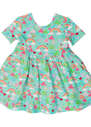 Rufflebutts + Ruggedbutts Girls Green Lucky Day Short Sleeve Knit Twirl Dress Front