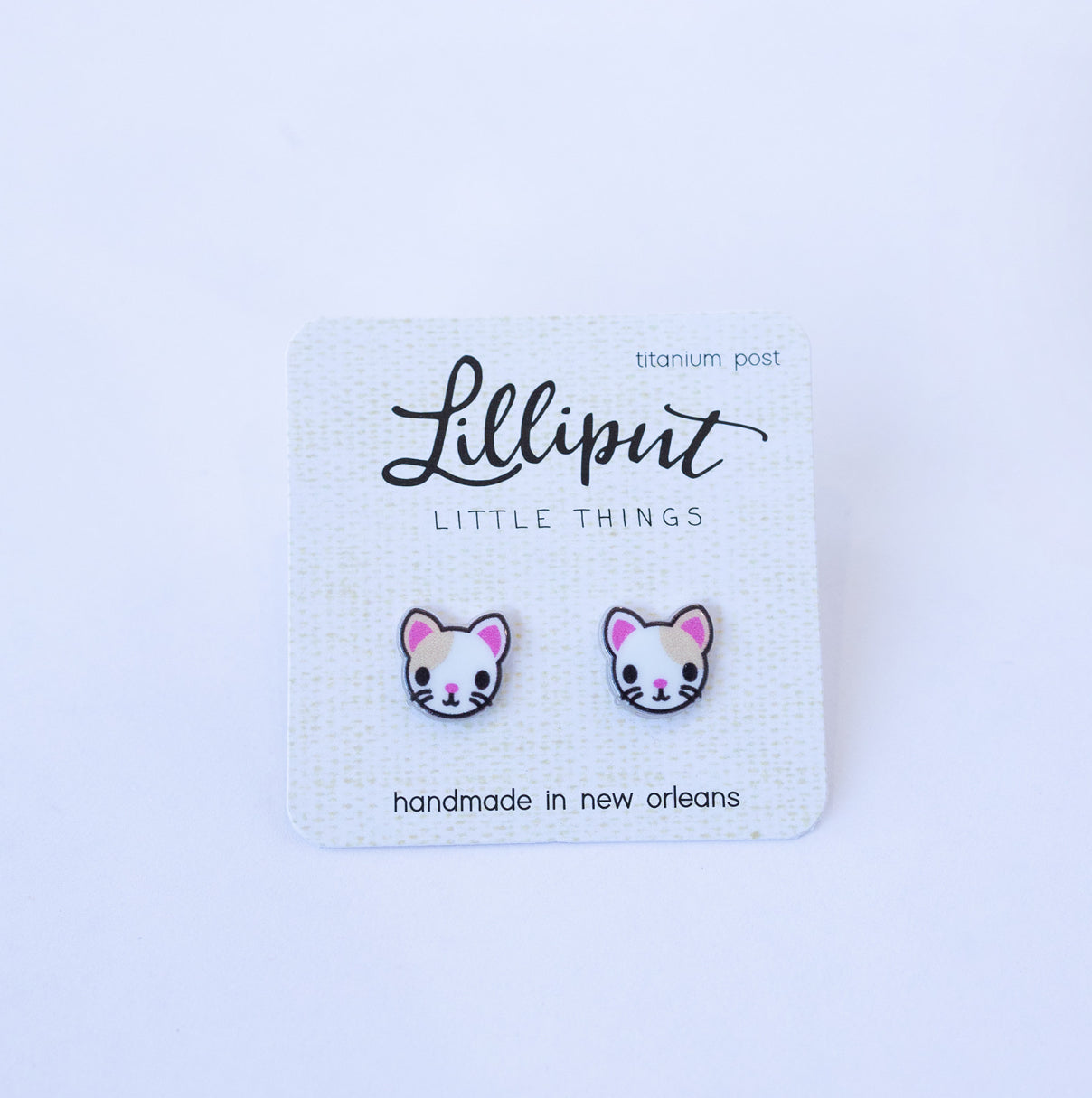 Lilliput Little Things White w/ Brown Spot Kitty Earrings