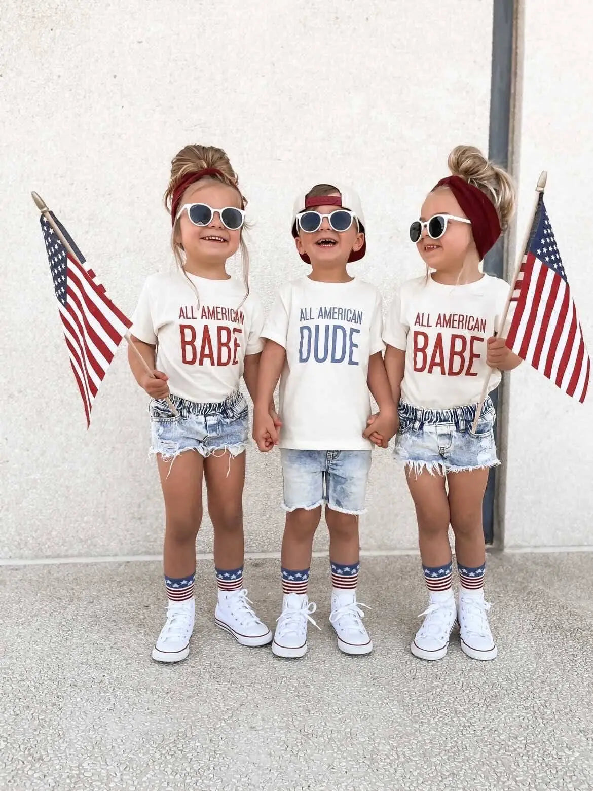 Models Wearing 97 Design Co. All American Babe  & All American Dude - Kids T-Shirt, 4th of July, Olympics Tee