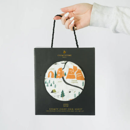 Clementine Kids National Parks Crib Sheet in Packaging 
