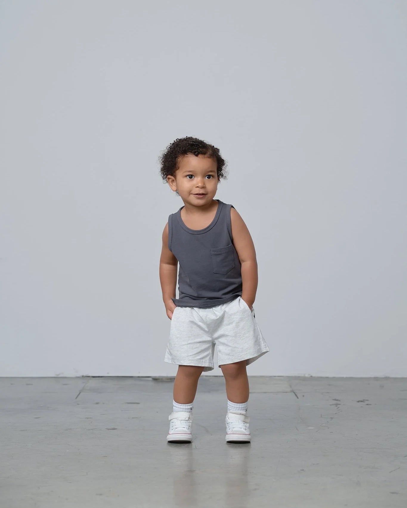 Model Wearing Little Bipsy Everyday Short - Heathered Grey