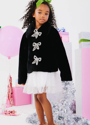 Model wearing Lola and the boys Audrey Faux Fur Coat