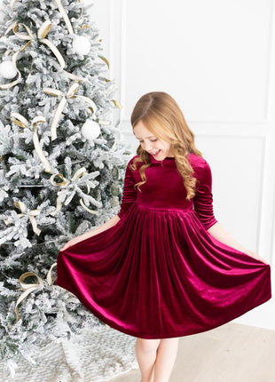 Model Wearing Mila & Rose Cranberry Velvet Twirl Dress