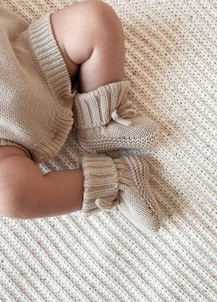 Model Wearing Pine Kids Knit Booties - Oat