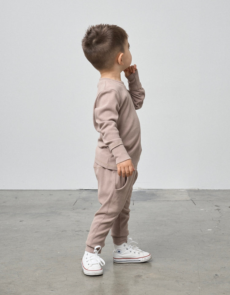 Model Wearing Little Bipsy Long Sleeve Ribbed Tee - Mushroom
