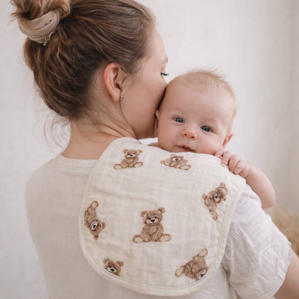 Model Using Ali + Oli Bamboo Muslin Burp Cloth Set 2-Pack (Teddy/Taupe)