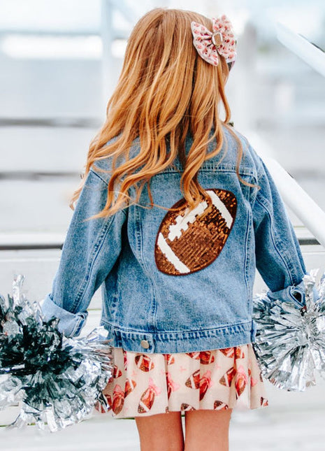 Model Wearing Sweet Wink Game Day Football Sequin Patch Denim Jacket