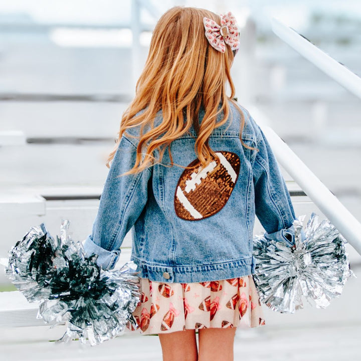 Model Wearing Sweet Wink Game Day Football Sequin Patch Denim Jacket