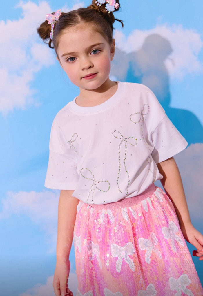 Model Wearing Lola And The Boys Crystal Bows T-shirt