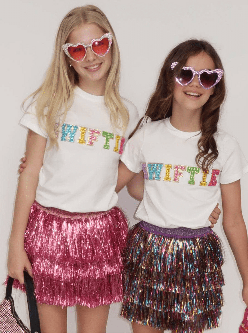 Models Wearing Lola & The Boys Rainbow Crystal SWIFTIE T-shirt