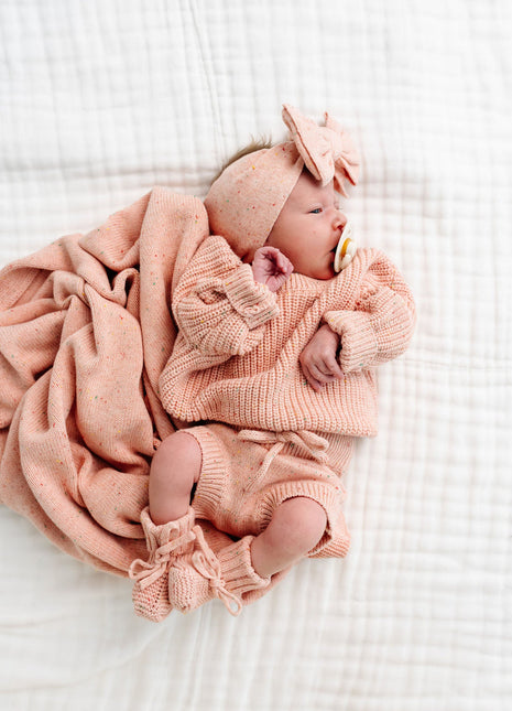 Model Wearing Lou Lou & Company Knit Booties - Petal Speckle