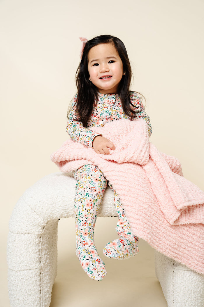 Model Using Lou Lou & Company Chenille Blanket - Blush Pink - Small & Large