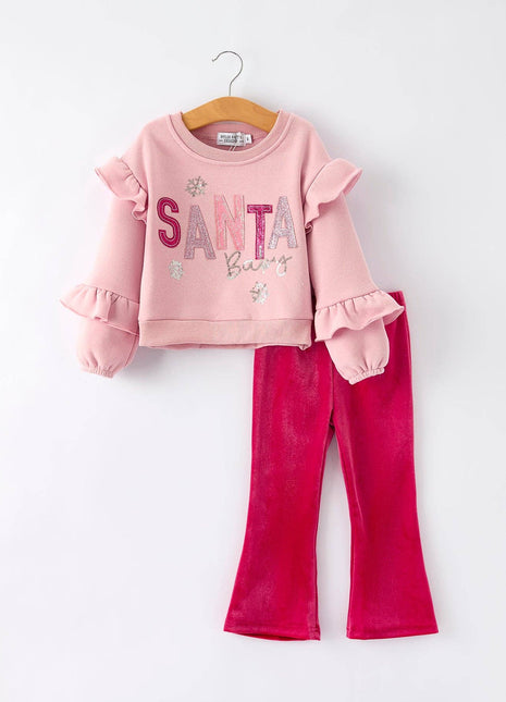 Rylee Faith Designs Girls Christmas Outfit – Pink “Santa Baby” Ruffle Sweatshirt & Velvet Bell-Bottom Pants Set