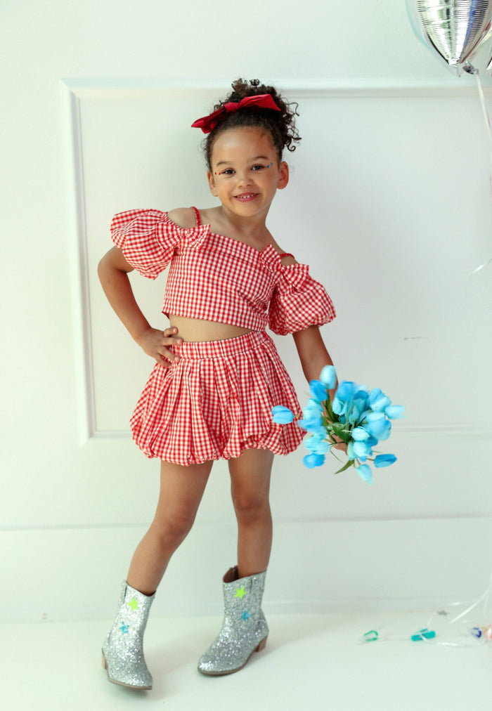 Model Wearing Lola And The Boys Plaid Bow Bubble Skort Set