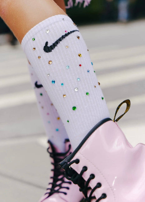 Model Wearing Lola And The Boys Gem Athletic Socks - White