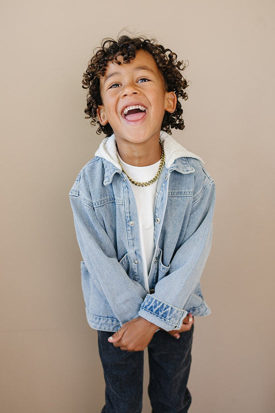 Model Wearing Olive + Scout Briggs Denim Jacket