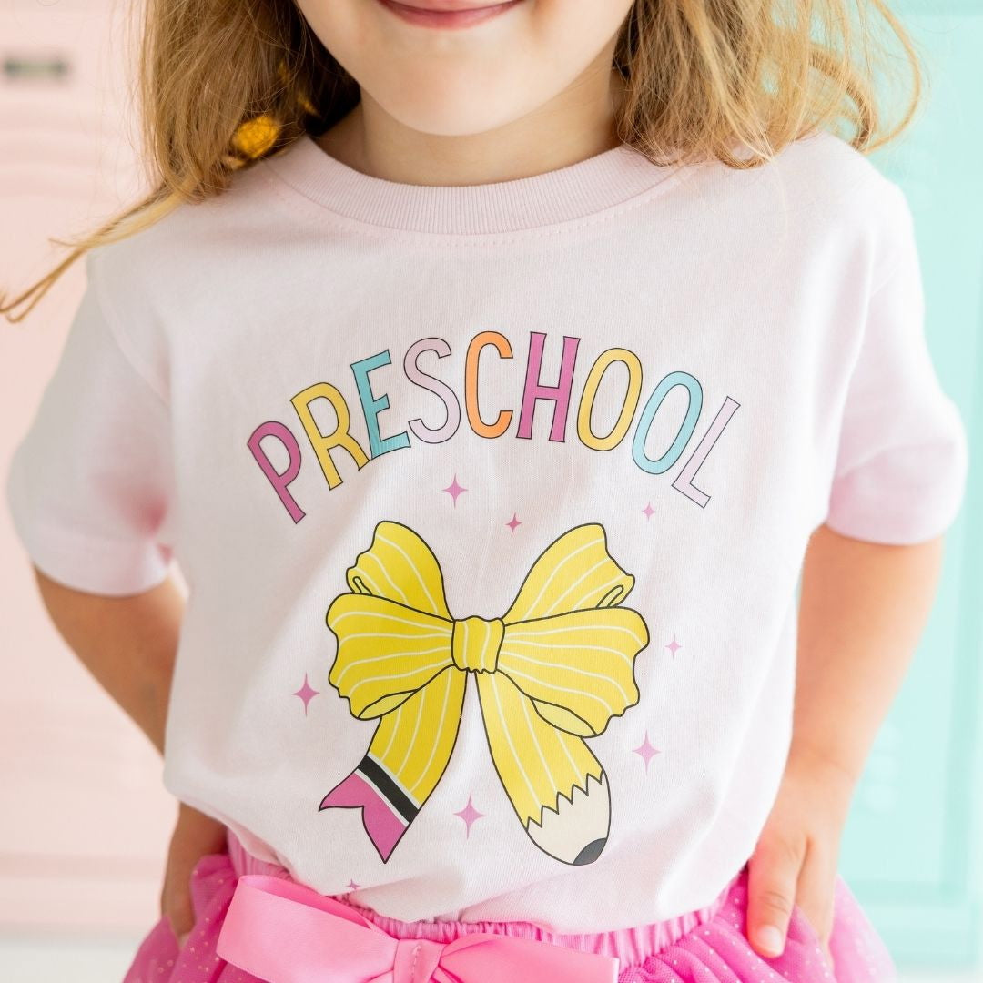 Model Wearing Sweet Winks Preschool Pencil Bow Short Sleeve T-Shirt - Ballet