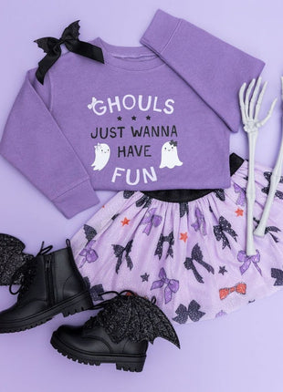 Sweet Winks Spooky Bows Halloween Tutu and Ghouls Just Wanna Have Fun Halloween Sweatshirt - Lavender