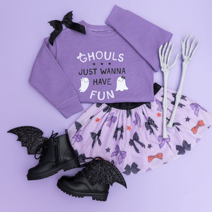 Sweet Winks Spooky Bows Halloween Tutu and Ghouls Just Wanna Have Fun Halloween Sweatshirt - Lavender