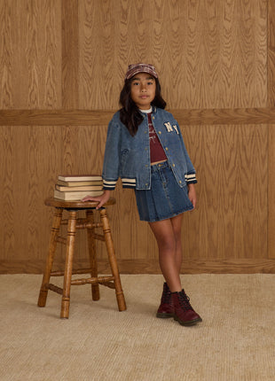 Model Wearing Rylee + Cru Pleated Denim Skirt || Indigo Denim