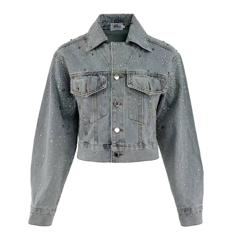Lola and The Boys Crystal Bow Denim Jacket Front 