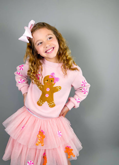 Model Wearing Three Wildflower Designs Gingerbread Patched Crewneck | Christmas 