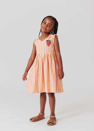 Model Wearing Pink Chicken Girls Via Dress - Orange Pink Stripe