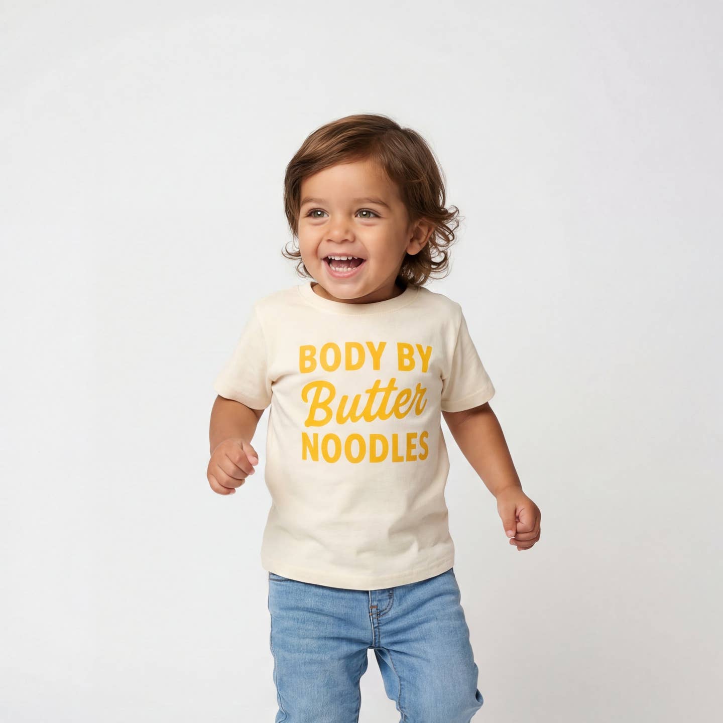 Model Wearing The Wishing Elephant Body By Butter Noodles Kids Shirt, Pasta Lover Tee