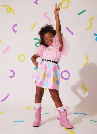 Model Wearing Lola And The Boys Candy Hearts Sequin Skirt