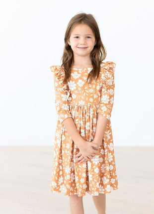 Model Wearing Mila & Rose Golden Blooms 3/4 Sleeve Ruffle Twirl Dress