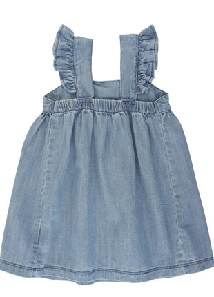Rufflebutts & Ruggedbutts Girls Light Wash Denim Flutter Bow Woven Dress Back