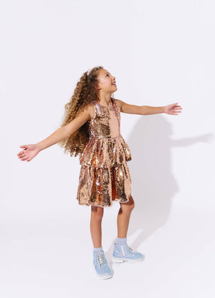Model Wearing Lola And The Boys Golden Sequin Tier Dress