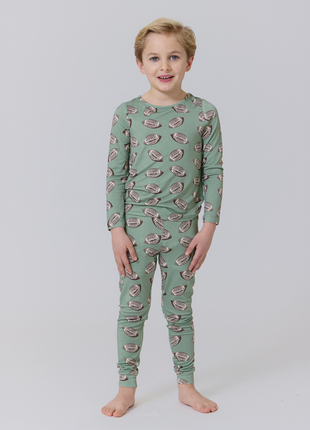 Pink Chicken Kids Bamboo PJ Set - Green Flying Footballs
