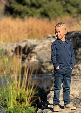 Model Wearing Me & Henry Spencer Navy Polo
