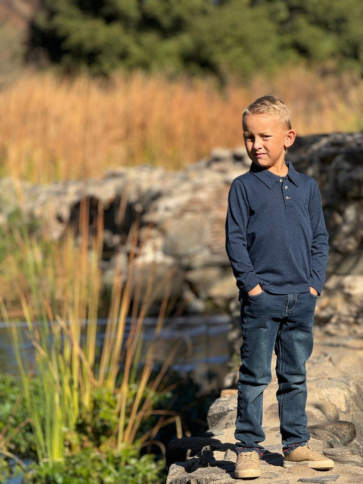 Model Wearing Me & Henry Spencer Navy Polo