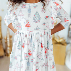 Model Wearing Mila & Rose Clara's Christmas 3/4 Sleeve Ruffle Twirl Dress