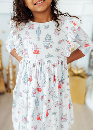 Model Wearing Mila & Rose Clara's Christmas 3/4 Sleeve Ruffle Twirl Dress