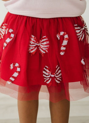 Model Wearing Sweet Winks Candy Cane Coquette Sequin Christmas Tutu