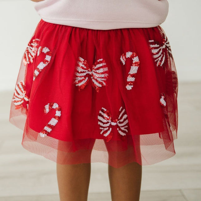 Model Wearing Sweet Winks Candy Cane Coquette Sequin Christmas Tutu