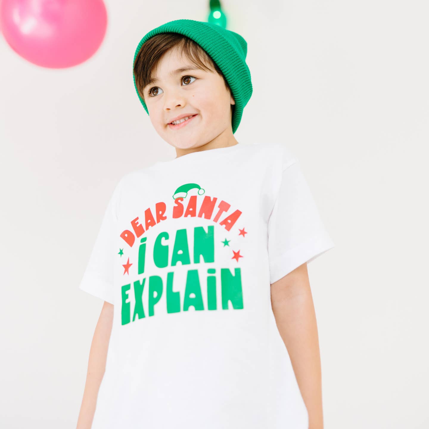 Model Wearing Benny & Ray Apparel Dear Santa I Can Explain Kids Christmas Shirt