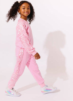 Model Wearing Lola And The Boys Pink Sequin Joggers Set