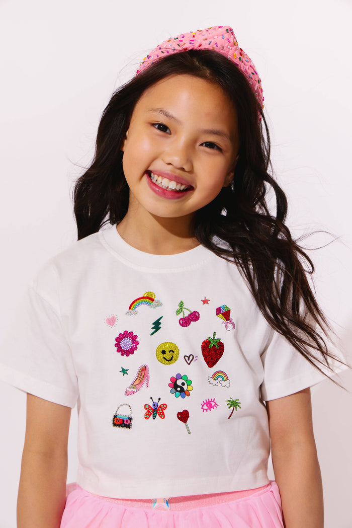 Model Wearing Lola And The Boys Sparkle Doodle Crop T-shirt
