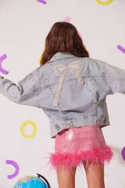 Model Wearing Lola and The Boys Crystal Bow Denim Jacket 