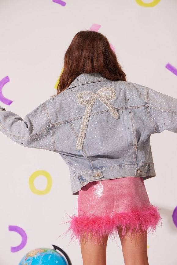 Model Wearing Lola and The Boys Crystal Bow Denim Jacket 