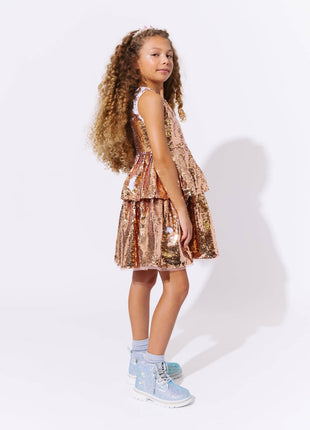 Model Wearing Lola And The Boys Golden Sequin Tier Dress