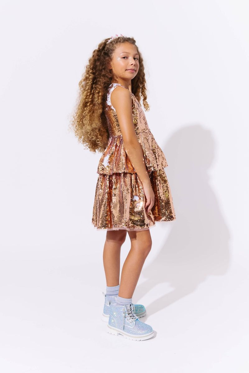Model Wearing Lola And The Boys Golden Sequin Tier Dress