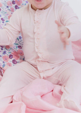 Model Wearing Magnetic Me Pin Dot Pink Modal Magnetic Footie with Ruffle