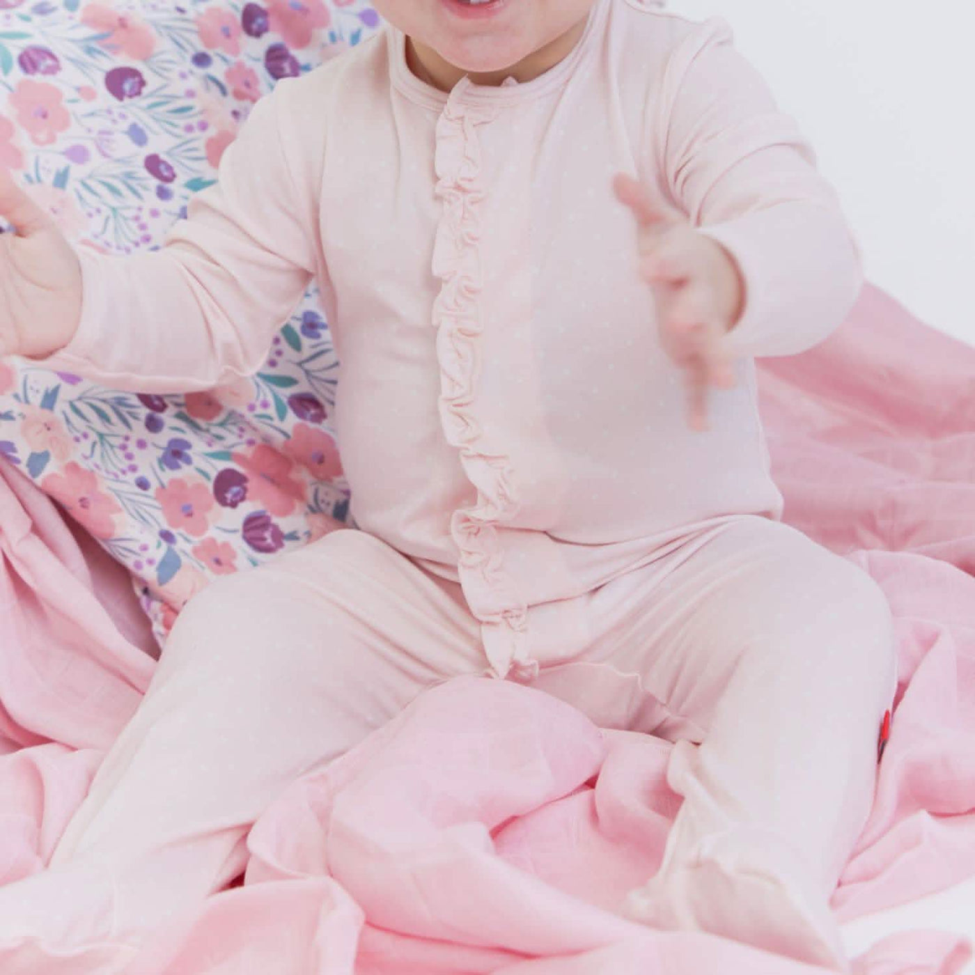Model Wearing Magnetic Me Pin Dot Pink Modal Magnetic Footie with Ruffle